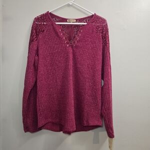 Democracy Core Essential Long Sleeve Thermal Lace Up Notch Neck Top Size XL